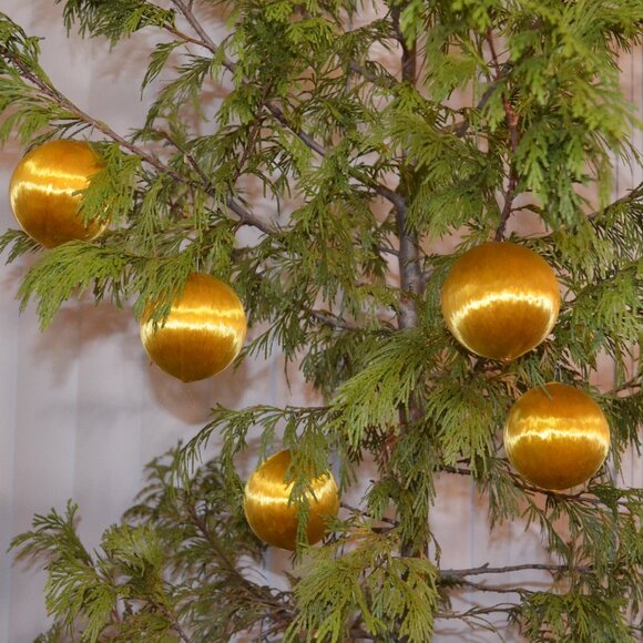 Handmade Holiday Ornaments 5 Balls Yellow Shiny Styrofoam Nylon Threaded Hooks - Picture 1 of 6